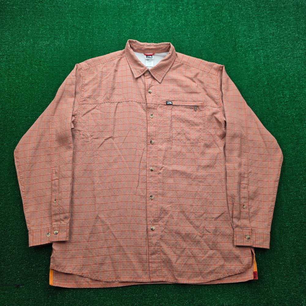 The North Face Technical Hiking Shirt Mens XL Orange Plaid Button Up Outdoors
